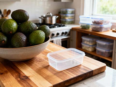 A large block of feta cheese lies on a wooden cutting board. Next to it, a small freezer container is filled with evenly cut feta cubes. In the background, a kitchen scene with a stove holding a clean pan and several closed freezer containers neatly arranged on the counter. The feta looks cool and dry, no steam, no mist, no condensation, no moisture visible anywhere. Natural soft daylight from a kitchen window, realistic photography, 3:2 landscape composition, high detail, shallow depth of field.