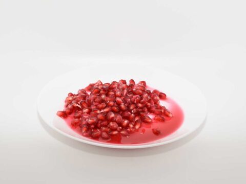 Een schaaltje met granaatappelpitjes en een beetje sap, om ingevroren te worden.